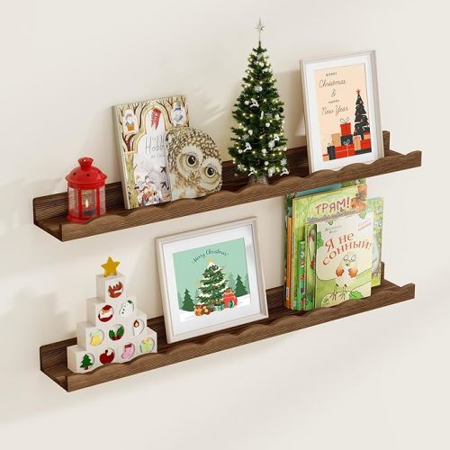 Fun Memories Picture Ledge Shelf for Wall, 36 inch Pine Wood Nursery Book Shelves Set of 2- Wall Book Shelves for Kids Room, Home Decor - Kitchen Spice-Carbonized