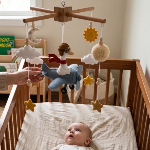 Duck Pilot Baby Mobile, Felt Goose Airplane Crib Mobile Stars Moon Clouds, Adventure Travel Nursery Decor, Baby Shower Gift Newborn Present