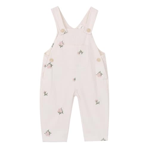 Baby Girl Overalls Corduroy with Floral Embroidery,Beige Toddler Jumpsuit Romper,Soft Overall for Girls (6 Months-3T)