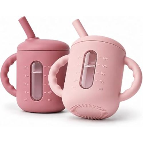Seposeve 2 Pack Silicone Sippy Cups for Babies 6+ Months, 6 oz Straw Training Cups with Handles, Leak-Resistant Bite-to-Sip Valve, Liquid Level Window, BPA-Free, Purple Pink