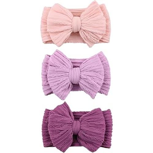 3 Pcs Baby Bows Headbands Soft Nylon Hairbands Super Elastic Headband Hair Accessories For Baby Girls Infant Toddler Essentials (Pink Light Deep Purple, Mid)