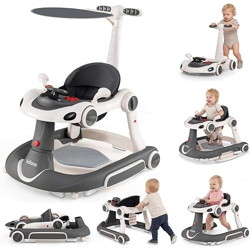INFANS 6-in-1 Foldable Baby Walker, Converts Push Car to Bouncer, Rocker with Music, Lights, Adjustable Height & Speed, Activity Center, Canopy for 7-18 Months (Gray)