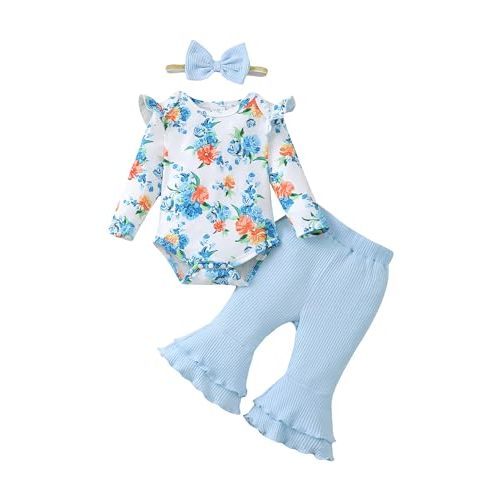 SUNNY PIGGY Baby Girl Clothes Newborn Infant Outfits Ruffle Long Sleeve Romper Pants Set with Headband