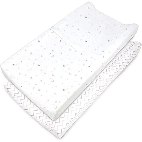 American Baby Company 2 Pack Printed 100% Cotton Knit Fitted Contoured Changing Table Pad Cover - Compatible with Mika Micky Bassinet, Pink Stars and Zigzag, for Boys and Girls
