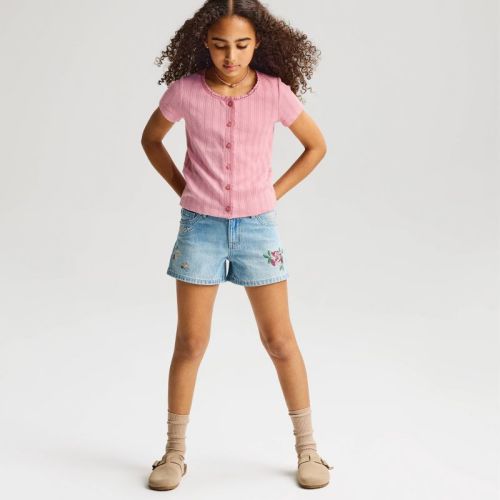Girls' Short Sleeve Pointelle Lace Trim Button-Down T-Shirt - Cat & Jack™ Mauve S