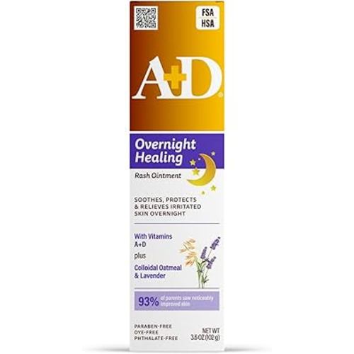 A+D Overnight Healing Diaper Rash Ointment - Soothes, Protects & Relieves Diaper Rash Overnight with Lavender & Colloidal Oatmeal - Healing Ointment for Red, Itchy, Irritated Skin - 3.6oz