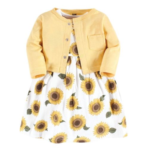 Hudson Baby Infant Girl Cotton Dress and Cardigan Set, Sunflower, 9-12 Months