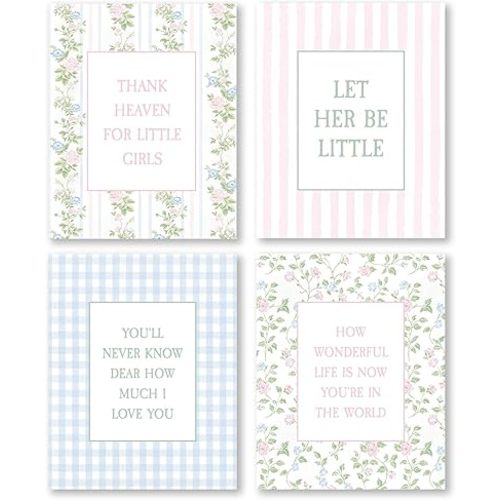 Pleonox Girl Nursery Floral Wall Art Prints 8x10 Inch Set of 4, Pastel Cottagecore Floral Botanical Pictures Wall Decor for Baby Girl Nursery Room Bedroom Dorm Apartment, Unframed