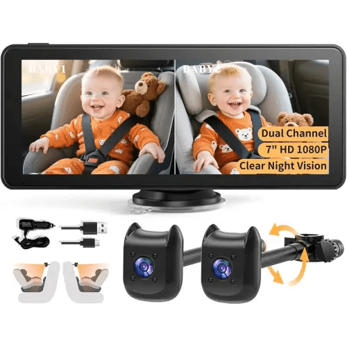 Dual Car Camera Baby Monitor with 6.9" Split Screen-1080P HD Carseat Camera for 2 kids with 360° Full Rotation-Night Vision, Auto-detail Enhancement, 2 Power Ways, Easy Install, for Twins & Siblings