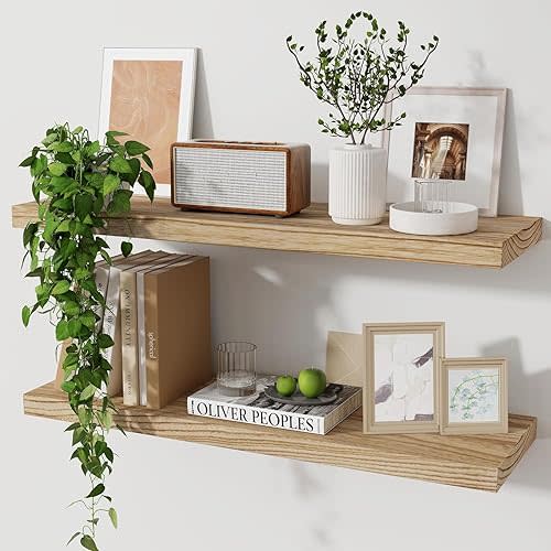 Wood Floating Shelves for Wall Set of 2, 24 Inch Wide Rustic Wooden Floating Shelves, Invisible Wall Mounted Display for Living Room Bedroom Kitchen Bathroom Office, Carbonized Black