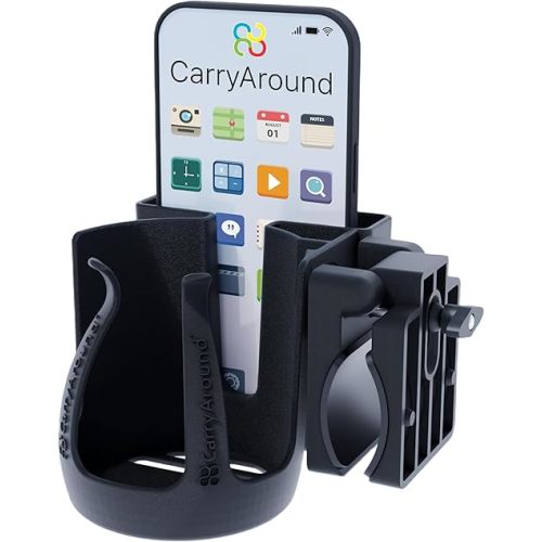 Stroller Cup Holder, Baby Cups, Tumblers, Large Phone [MADE IN UK] by CarryAround, Stroller, Pushchair, Buggy, Wheelchair, Walker, Coffee, Baby Bottle, Built to last, Strong Universal Clamp, Golf Cart