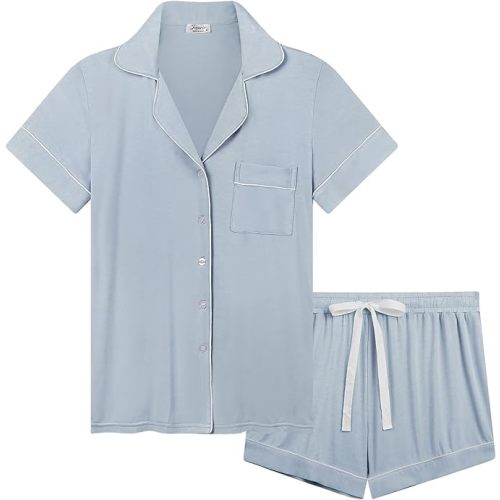 Joyaria Womens Cooling Bambo Viscose Pajamas Short Sleeve Button Down Pj Shorts Set Ultra Soft Summer Sleepwear-Small-XXL