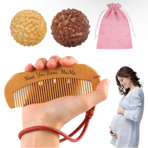 Birthing Comb and Massage Ball for Labor Pain, Wooden Labor Comb with 2 PCS Acupressure Balls Set, Birth Comb for Moms Pain Relief, Pregnancy Hospital Bag Essentials for Pregnant Women