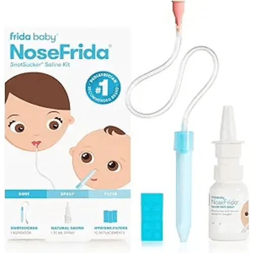 Frida Baby Saline Kit, Cold & Flu 12 pc Set Includes NoseFrida Nasal Aspirator for Baby, Nose Sucker, Saline Nasal Spray with 10 Extra Hygiene Filters, Nasal Spray Decongestant, 0.68 fl oz