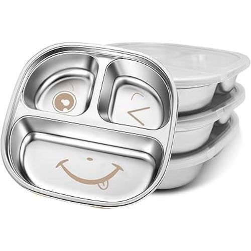 Stainless Steel Kids Plates, toddler plates,Non Toxic & 100% BPA Free,Pack of 3 Stainless Steel Toddler Plate with Lids