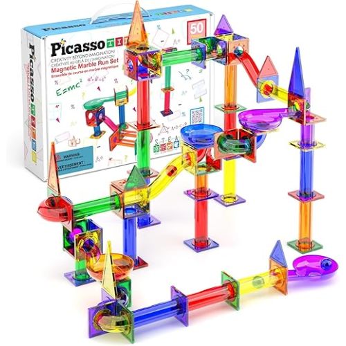 PicassoTiles 50 Piece Magnetic Marble Run Toy STEM Educational Building Set