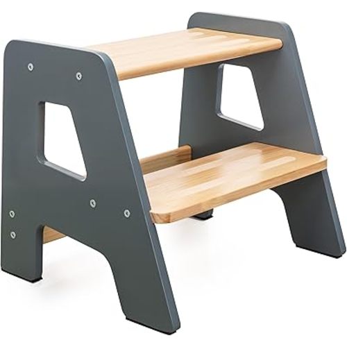 2-Step Wooden Step Stool for Toddlers | Kids Stool for Bathroom Sink & Kitchen Use | Non-Slip Step | Wooden Stool for Children Ages 2+ Years Gray