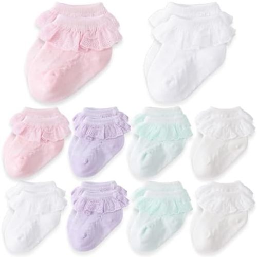 Baby Girl Lace Socks 10 Pack - Newborn Ruffle Frilly Socks Cotton White Ankle Dress Sock for Infant 0-12 Months