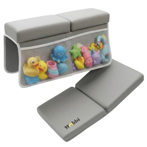 Wobbi Baby Bath Kneeler and Elbow Rest Pad Set | Thick Memory Foam that Actually Protects Your Knees | Foldable Waterproof Bath Kneeling Pad with 6 Suction Cups & 4 Storage Pockets | Grey