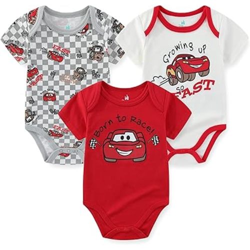 Disney Cars Lightning McQueen Tow Mater Baby Boys 3 Pack Bodysuit Creeper for Newborn and Infant