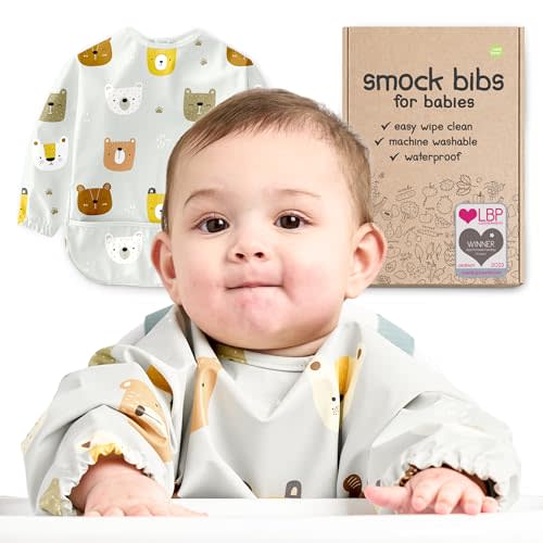 Waterproof Smock Baby Bibs for Eating (6-24 Months) | Long Sleeve Bib for Baby Led Weaning,Toddler Feeding Bibs and Art Smock for Painting, Silicone Bib Alternative