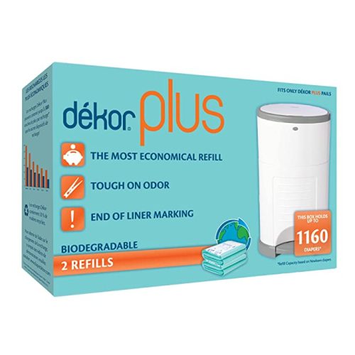 Dekor Plus Diaper Pail Biodegradable Refills | 2 Count | Most Economical Refill System | Quick and Simple to Replace | No Preset Bag Size – Use Only What You Need | Exclusive End-of-Liner Marking