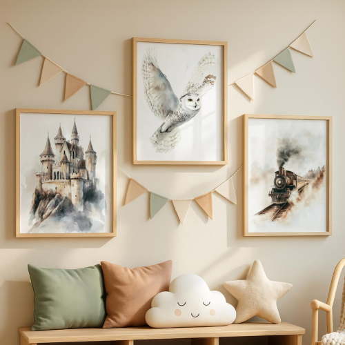 Wizard Nursery Art Posters Owl Castle Train, Poster Only