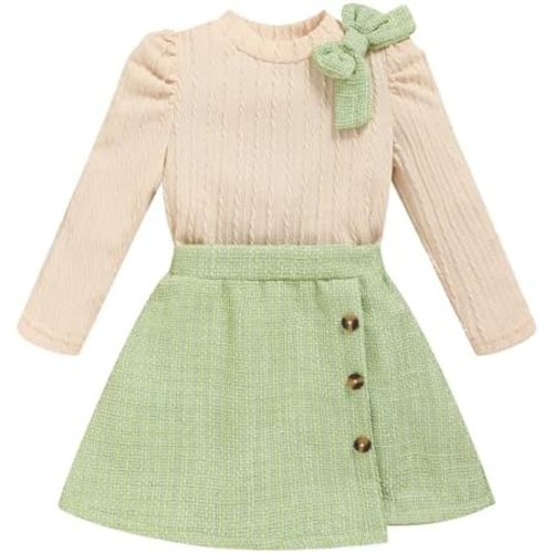 Toddler Girl Plaid Outfits Fall Winter Dress Knit Ribbed Bow Sweatshirt Tops and Button Fashion Skirts Set