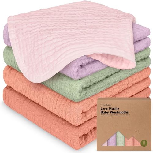 5pk Muslin Baby Washcloths for Newborn, 12x12 Soft Absorbent (Muted Pastel)