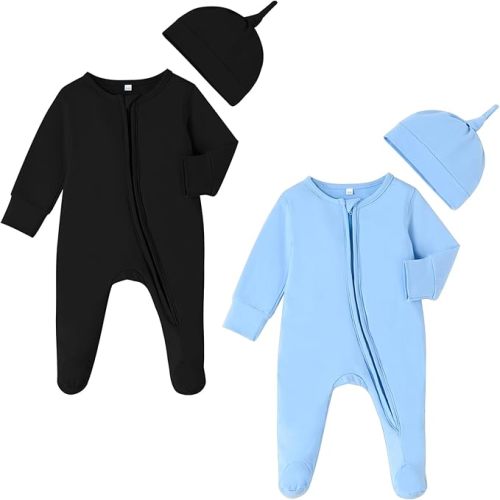 DREAM BUS 2 Pack Newborn One-piece Zipped Romper with Beanie Hats Baby Boy Long Sleeve Footie Infant Cotton Jumpsuit