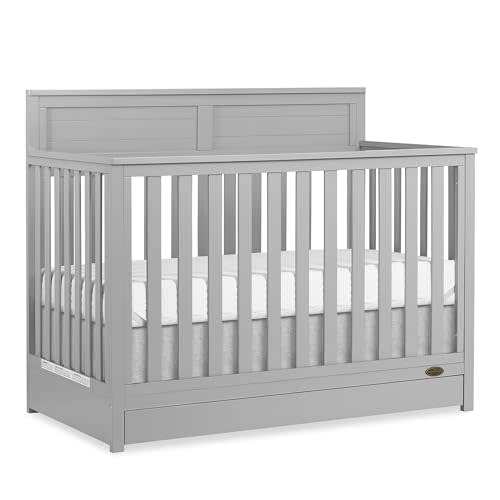 Dream On Me JPMA & Greenguard Gold Certified Reign 5 in 1 Convertible Crib with Under Drawer in Pebble Grey, Made of Sustainable Pinewood, Non-Toxic Water-Based Paint Finish