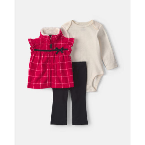 Baby Girl 3-Piece Plaid Fleece Layering Set - Red/Black/Cream | Carter's