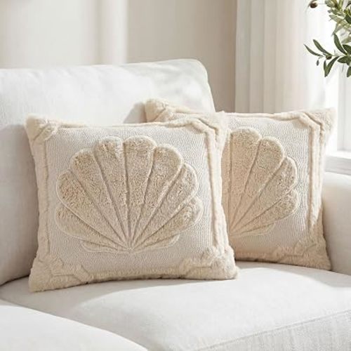 Tiamon 2 Pcs Seashell Pillow Covers 18x18 in, Soft Jacquard Coastal Throw Pillows Cases Faux Fur Embroidery Nautical Beach Cushion Covers for Couch Sofa Bedroom Ocean Decor(18x18 in,Seashell,Beige)