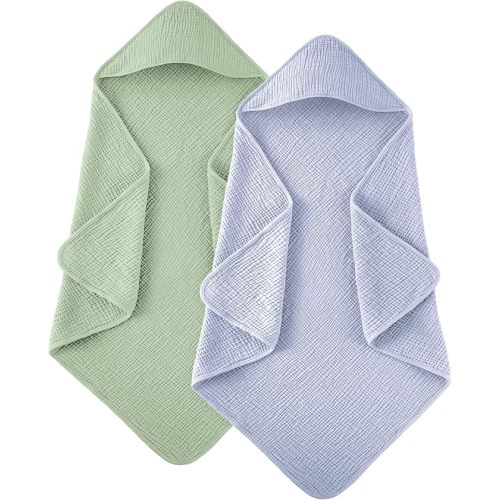 Susurration Hooded Baby Towels for Newborn 2 Pack 100% Muslin Cotton Towel for Babies，Highly Absorbent and Newborn Essential (Blue&Green)
