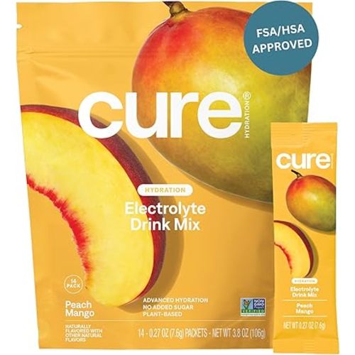 Cure Hydration | Plant-Based Electrolyte Drink Mix | No Added Sugar | Dehydration Relief Powder Made with Coconut Water | Non-GMO | Vegan | Pouch of 14 Packets - Peach Mango