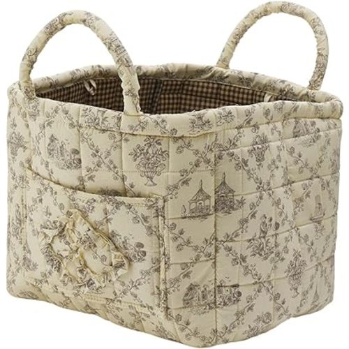 Quilted Fabric Storage Basket with Handles & Pocket, Foldable Laundry Hamper Boho Floral Print Organizer Bin for Home, Picnic, Office 12"x10"x10" (B-1)