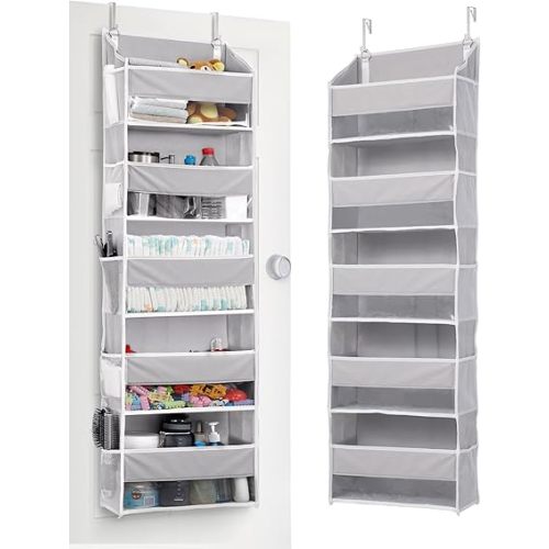 ULG 1 Pack Over Door Organizer with 5 Large Pockets 10 Mesh Side Pockets, 44 lbs Weight Capacity Hanging Storage Organizer with Clear Window for Kids Toys, Shoes, Diapers, Grey, 5 Layer