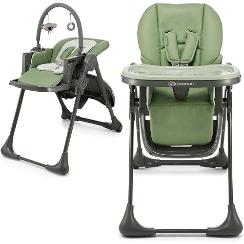Kinderkraft Tummie, 2-in-1 high Chair, Baby Chair, Ergonomic, Comfortable, Reclining, Foldable, with Ajustable Height, Footrest, Detachable Tray, for Toddler, with Toys, Green