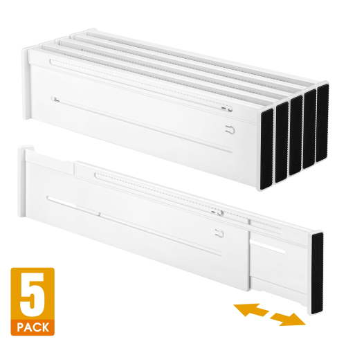 Mimifly 5 Pack Adjustable Drawer Dividers for Clothes, 3.7" High Expandable Dresser Organizers, 14.5"-25.6" Separators with Foam Pads, White