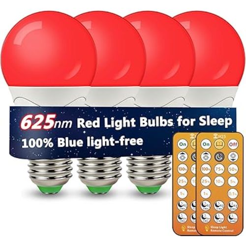 LED Red Light Bulbs for Sleep with Remote Control, E26 Circadian Light Bulb A15, 5W(40W Equivalent) for Sleep Therapy, Baby Nursery, Bedroom (4 Packs)