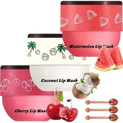 3 PCS Bee Lip Balm Lip Mask Honey Pot, Watermelon & Cherry & Coconut Lip Mask Propolis Moisturizing Lip, Hydrating Prevention Dry and Cracked Lip Scrubs Exfoliator (Watermelon & Cherry & Coconut)
