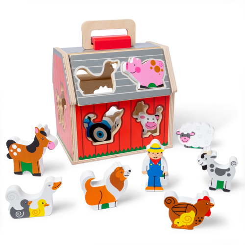 Melissa & Doug Wooden Take-Along Sorting Barn Toy with Flip-Up Roof and 10 Farm Play Pieces
