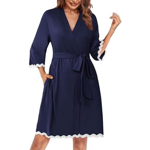 Ekouaer Women Kimono Robe 3/4 Sleeves Loungewear Dress Knee Length Sleepwear Pockets Housecoat Short Bathrobe S-XXL