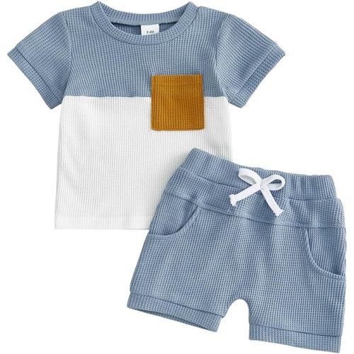 Toddler Baby Boy Summer Clothes Waffle Contrast Short Sleeve T-shirts Top Solid Shorts 2Pcs Outfit 6 12 18 24 Month