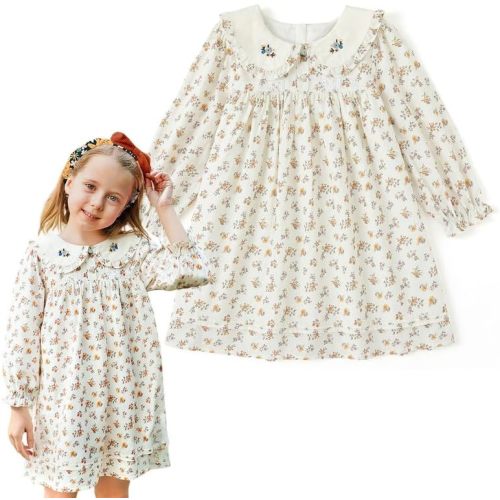 Simplee kids Baby Girls Smocked Dress Handmade Spring Fall Casual Dresses Floral Print Sundress Princess Dress for Toddlers