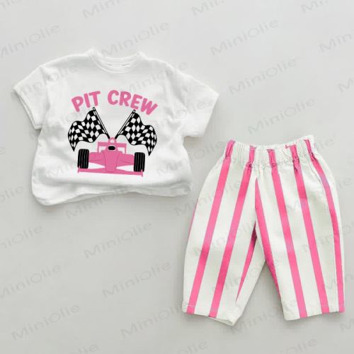 PIT CREW Baby Pink Racing Car Vertical Striped 2-piece Set