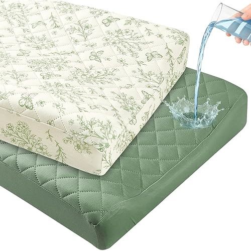 FIOBEE Changing Pad Cover Waterproof 2 Pack Quilted Diaper Change Table Sheets Breathable & Ultra Soft for Newborn Baby Boys Girls Fitted Changer Pads 32"x 16", Green Floral