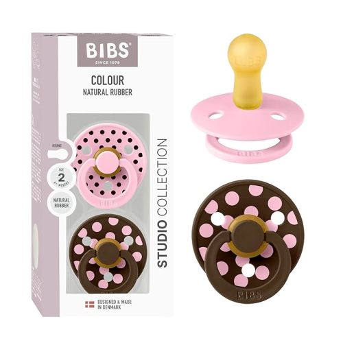 BIBS Polka Dots Pacifier 2-Pack, BPA Free Pacifiers with a Round Latex Nipple, Made in Scandinavia, Size 2 (6-18 Months), Baby Pink/Mocha