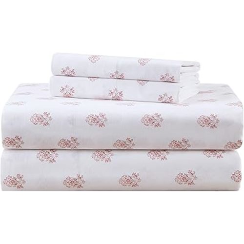 Comfort Spaces 100% Cotton Sheets Full, Breathable, Naturally Cool Cotton Sheets, Soft Cotton Bed Sheets with 14" Elastic Pocket Fits up to 16" Mattress, All Seasons Sheet Set, Floral Pink 4 Piece