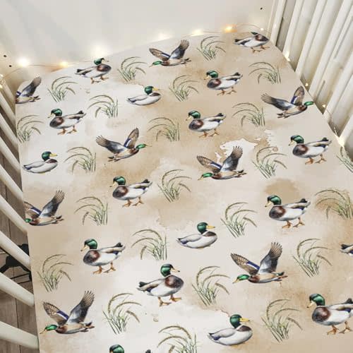 Vintage Mallard Duck Baby Crib Sheets for Boy Girl 52"x28" Green Ducks Lake Soft Stretchy Fitted Crib Mattress Cover Hunting Ducks Nursery Baby Sheet for Standard Crib & Toddler Mattress Pad